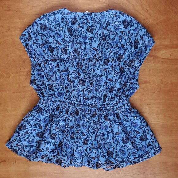 Old Navy Waist Defined Printed Dolman Sleeve Top Size M Blue Floral Ruched - Picture 6 of 10